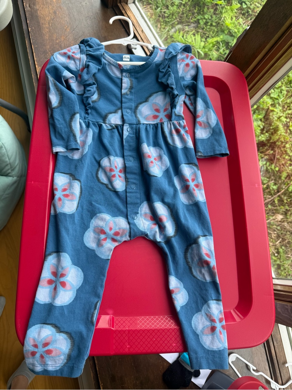 Tea Collection Blue Floral Ruffle-Shoulder One-Piece Romper